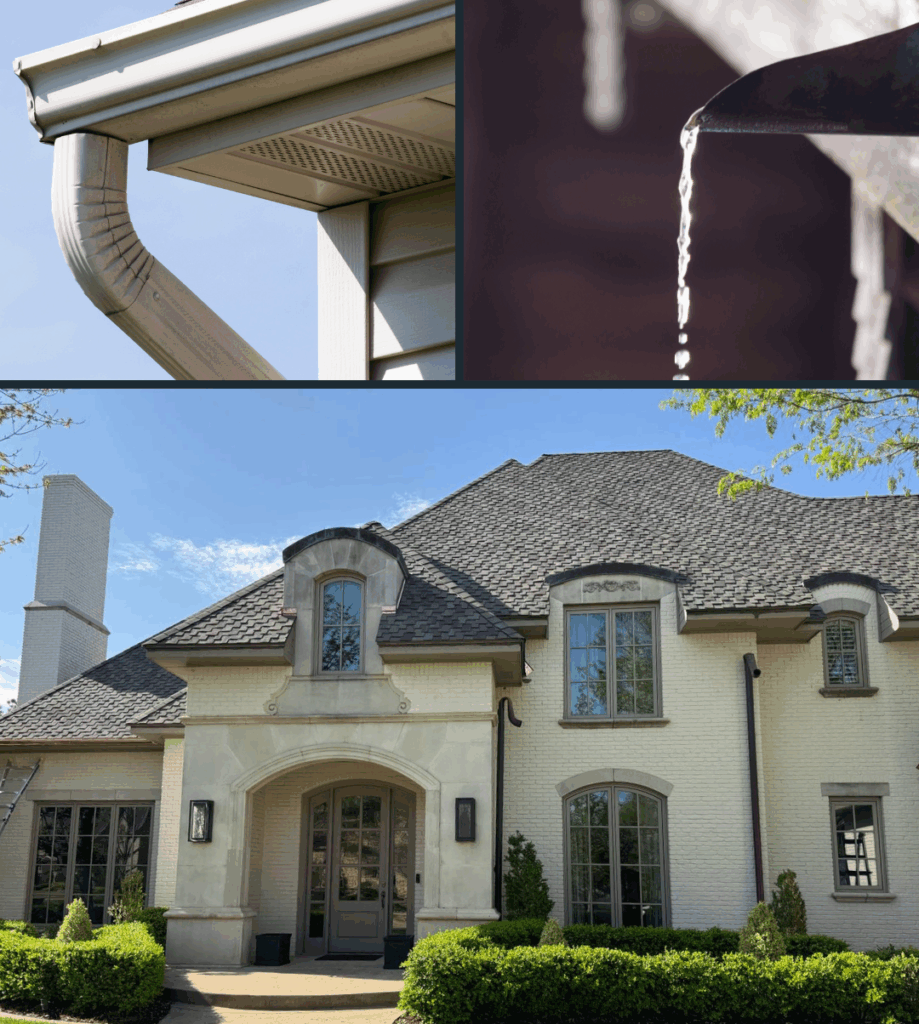 Collage showing gutter downspout, water flow, and full residential installation on upscale home